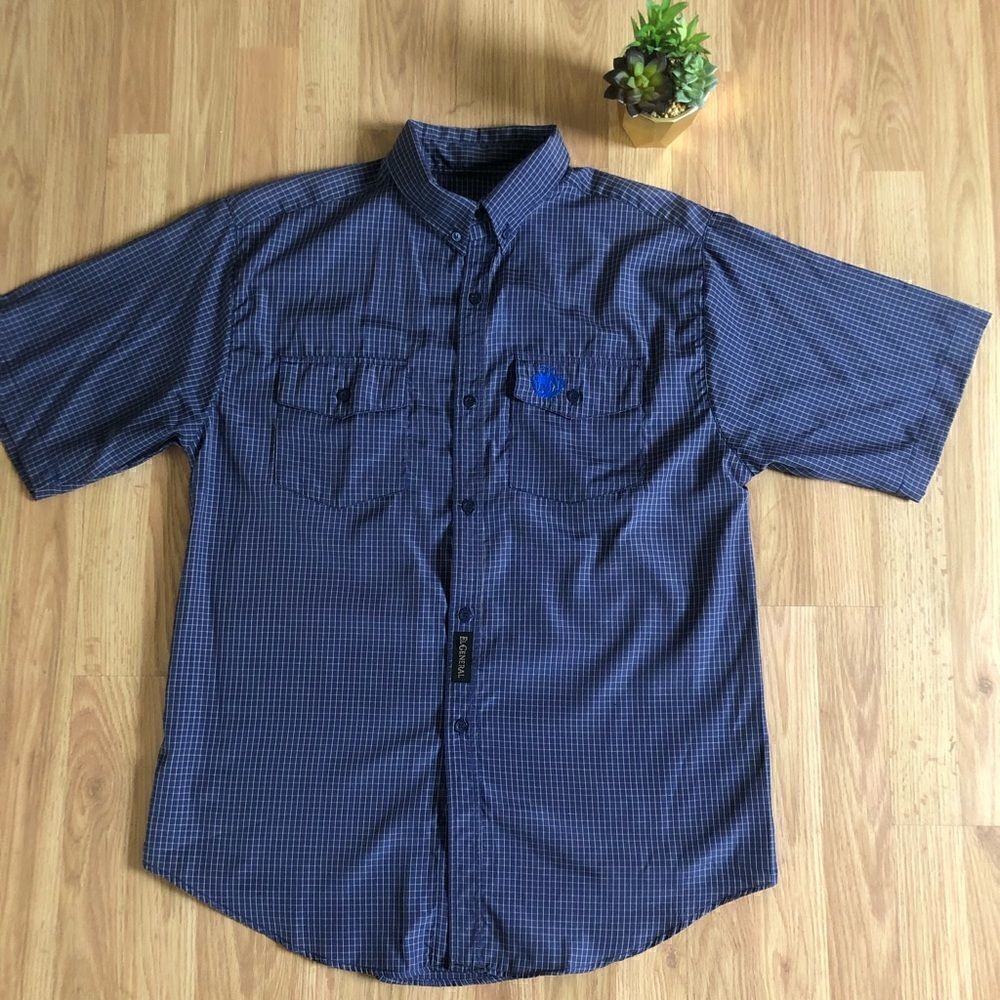 EL GENERAL Blue Plaid Short Sleeve Button Shirt